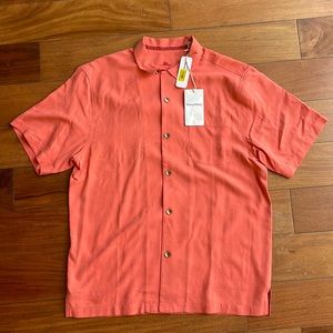 NWT Tommy Bahama mens coral colored button down shirt with palm tree pattern